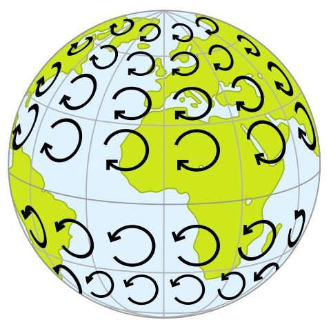 The apparent movement of air and water due to the Coriolis Force. Illustration by Inkscape.